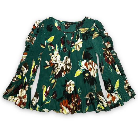 Melissa Paige Pleated Floral Blouse Top Cold Shoulder Ruffle Sleeve Green Small - Picture 3 of 8